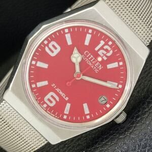 Vintage 1982 Citizen Automatic Mens Silver Watch W/daydate & Red accents